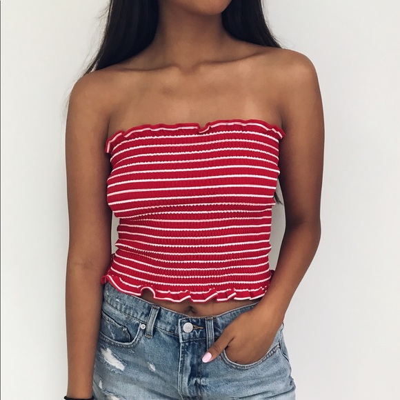 felicias Tops - 🆕 Shirley - Red + White Striped Smocked Tube Top